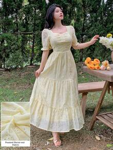 Modelyn Women's Soft Yellow Square Neck Vintage Hollow Out A-Line Dress,White Floral,Summer,Elegant,Graduation Wedding Guest Tea Party Sun Dress - Butter Yellow - View 9