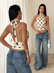 SHEIN PETITE Áo hai dây hở lưng cổ yếm in chấm bi thời trang dành cho nữ, thích hợp cho các buổi đi chơi, phong cách đường phố, thời trang Y2K, áo chấm bi. - Màu vàng - Xem 2