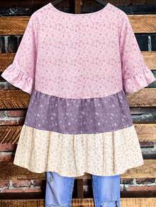 Linhara Plus Size Women's Summer Round Neck Ruffle Trim Short Sleeve Ditsy Floral Color Block Peplum Blouse - Purple - View 2