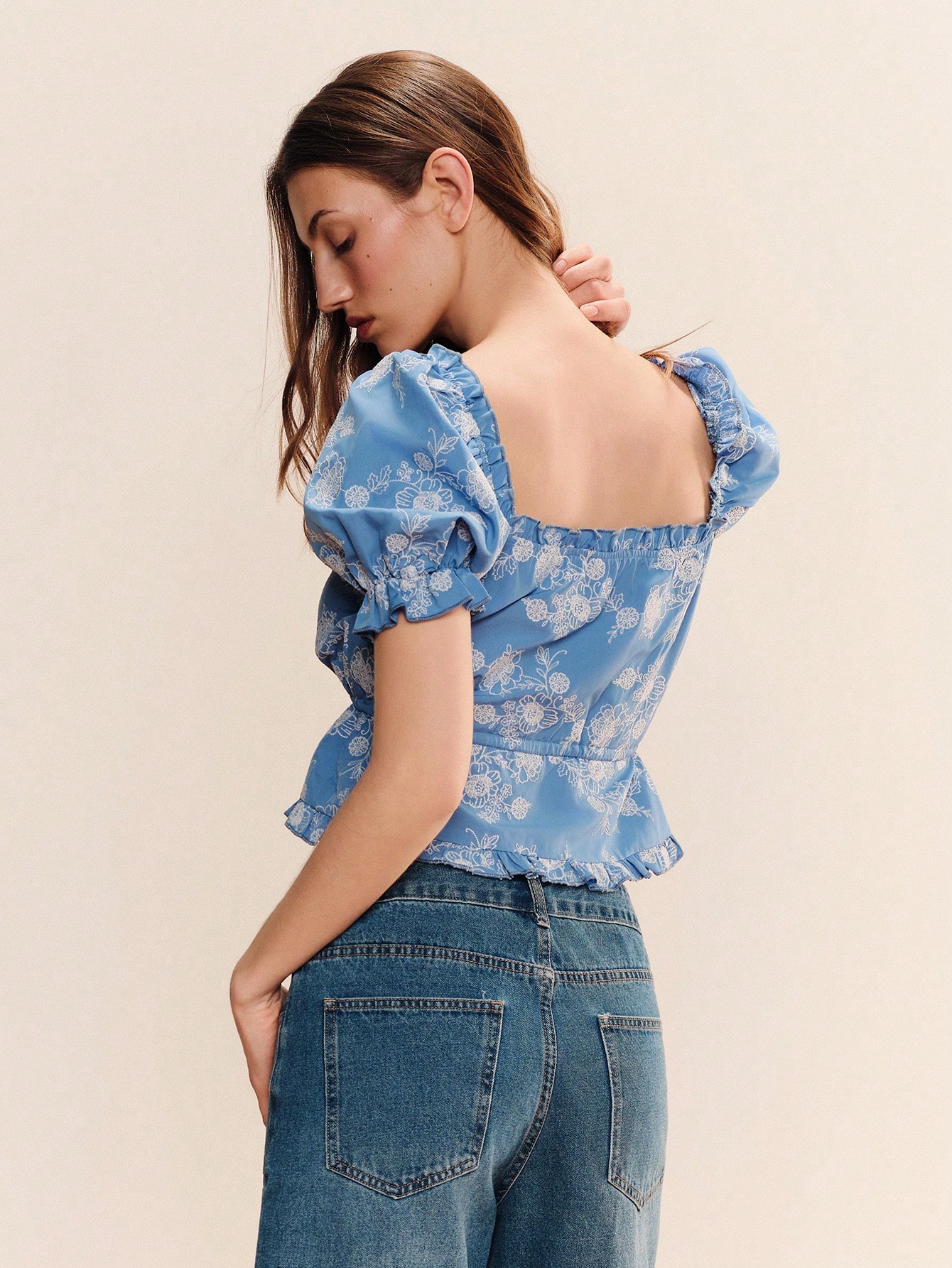 Blue Floral Embroidered Loose Fit Blouse With Puff Sleeves And Tie Waist Detail Spring Summer Holiday Top Vintage Top French Top Casual Top Work Top Office Top