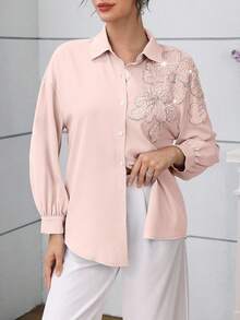 Modelyn 时尚优雅串珠花卉女士衬衫 - 粉色 - 查看 5