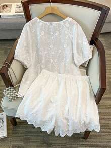 GlowEve CURVE Plus Size Women's Summer White Boho Outfit,Embroidered Round-Neck Tie-Front Shirt And Shorts Two Pieces Set,Loose Holiday Tea Party Fashionable Set - White - View 2
