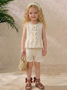 Cozy Pixies Một đôi sandal đế bằng kiểu La Mã dễ thương, đa năng, mang phong cách bohemian, lý tưởng cho kỳ nghỉ hè, thích hợp cho bé gái, kiểu dáng giản dị, thoải mái, có nơ và đan, thích hợp đi biển. - màu nâu - Xem 3