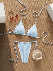 SHEIN Swim Mod 女士两件式泳衣套装，蓝色特殊面料时尚性感沙滩度假露背比基尼，春夏款 - 藍色 - 查看 1