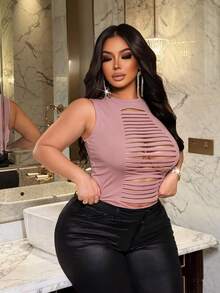 NU&NOW Áo tank top nữ cỡ lớn, kiểu dáng gợi cảm, khoét lỗ, rách rưới, thích hợp mặc hàng ngày. - Bụi hồng - Xem 5