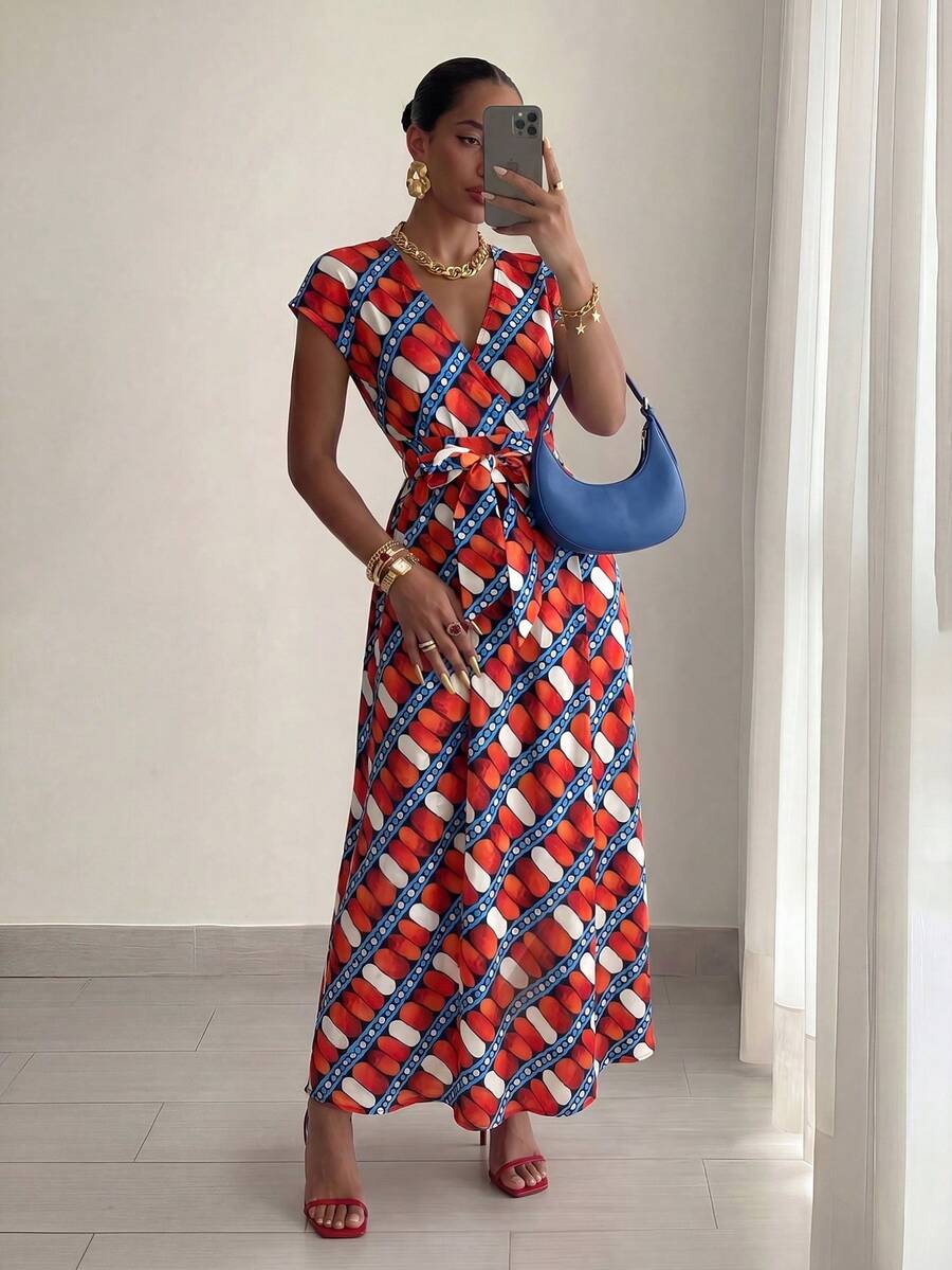 Elenzga Women's Casual Printed Deep V-Neck Criss-Cross Tie Waist High Slit Dress - Multicolor - View 1