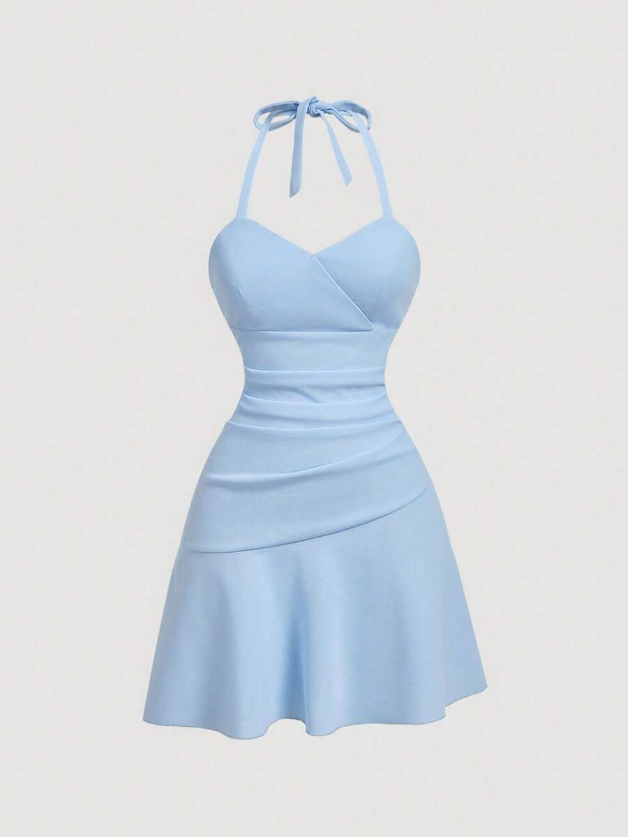 SHEIN MOD Women's Solid Color Halter Tie Ruched Fashionable Date Party Mini Dress - Baby Blue - View 1