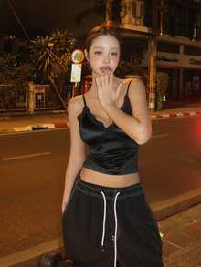 DAZY 女款素色對比蕾絲性感吊帶背心夏季短版上衣 - 黑色 - 查看 4
