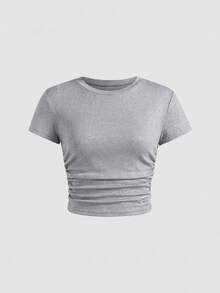 SHEIN 少女蝴蝶结罗纹印花T恤和打底裤两件套，休闲日常时尚百搭 - 灰色 - 查看 4