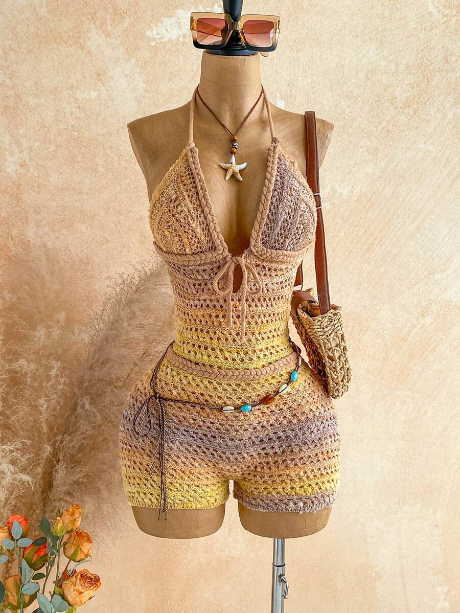 Soleia Bộ jumpsuit ngắn cổ yếm dệt kim dành cho nữ, trang phục gợi cảm cho tiệc tùng, hẹn hò, đi biển, kỳ nghỉ hè, phù hợp cho kỳ nghỉ, hẹn hò, tiệc trà chiều, mùa cưới, du thuyền biển, du lịch thành phố, kỳ nghỉ phong cách boho, lễ hội âm nhạc. - Nhiều màu - Xem 1