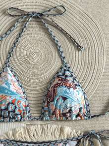 SHEIN Swim Vcay 女士泳衣套装，海岛海滩度假风流苏装饰比基尼两件套，撞色滚边休闲泳装，适合泳池派对，性感女士比基尼上衣波西米亚风比基尼套装佩斯利花纹比基尼波西米亚风泳衣 - 彩色 - 查看 3