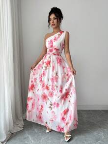 Balvessa Đầm nữ thanh lịch màu hồng in hoa, kiểu dáng bất đối xứng, vai lệch và eo thắt, thích hợp cho mùa xuân/hè. - Hồng - Xem 4