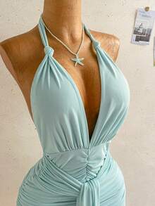 SHEIN WYWH Women's Light Blue V-Neck Mini Dress, Vacation - Baby Blue - View 4