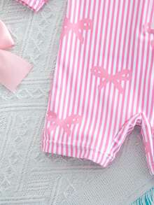 Baby Girl Cherry Print Contrast Ruffle Armhole Bow Back One-Piece Swimsuit, Beach/Holiday Style - Pink - View 4