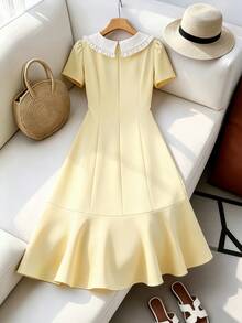 Franclia Women's Elegant Peter Pan Collar Bow Decor Mid-Length Dress,Zanea Corn Yellow White And Yellow Summer Elegant Tea Party Yellow Summer Retro Dress - Light Yellow - View 2