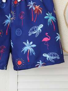 SHEIN Đồ bơi cho bé trai, quần bơi in hình chim hồng hạc và rùa màu xanh ngọc, dây thắt nơ ở eo, đồ dùng cần thiết cho kỳ nghỉ biển và hồ bơi, quần short mùa hè thường ngày cho bé trai, chống nắng. - Màu xanh hải quân - Xem 5