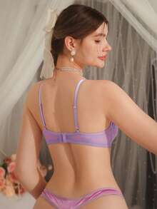 DelicateAllure Lace Splice Solid Color Underwire Support Gathering Semi-Sheer Wireless Bra For Women Lavender Lace Bra Purple Lace Bra Lace Bra Set Light Purple Lingerie Cute Bra Set - Mauve Purple - View 2