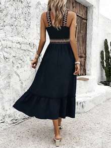 Breezaya Women's Zigzag Pattern High Slit Ruffle Hem Halter Neck Dress Maxi Holiday Beach Holiday Vacation Outfit Black Summer Boho - Navy Blue - View 2
