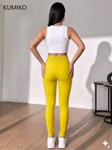 Pantalón con Cintas al Frente para Moño en Cintura.  Pantalón de Vestir Efecto Levanta Pompa. - Amarillo - Ver 6