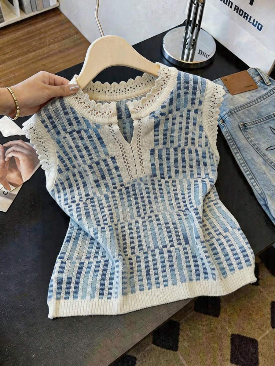 GlowEve Áo vest dệt kim không tay khoét lỗ thanh lịch dành cho nữ - Màu xanh hải quân - Xem 1