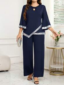 Reflora Plus Size Colorblock Sequin Patchwork Asymmetric Hem Round Neck Top And Wide Leg Pants Elegant 2 Pieces Set - Navy Blue - View 4