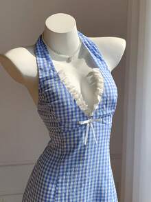 Comfortcana 2026 New Arrival Spring/Summer Women's Plaid Textured Halter Backless Mini Dress Party Picnic For Ladies Holiday Outfits Blue And White Cute - Blue - View 7