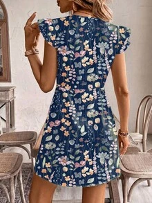 SHEIN Frenchy V领短袖A字型纽扣装饰女式连衣裙 - 彩色 - 查看 2