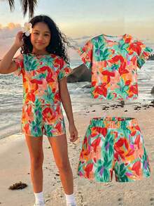 Tween Girls Summer Beach Vacation Tropical Floral Print Round Neck Ruffle Sleeve Top Shirt And Loose Shorts Woven T-Shirt Set - Multicolor - View 5