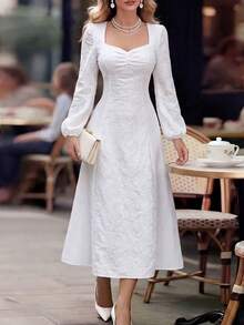 Modelyn White Autumn Elegant Date Dress For Women Square Neck Embroidered Fabric Patchwork Long Sleeve Cinched Waist Flared Midi Broderie Bride Filipiniana - White - View 5