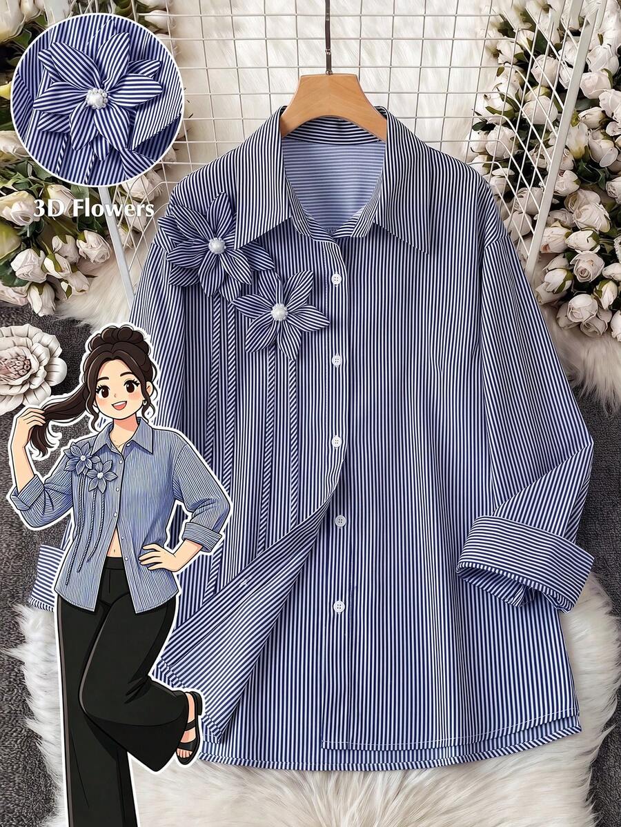 GlowEve CURVE 大码女式休闲宽松条纹翻领3D立体花卉装饰纽扣长袖衬衫,通勤百搭 - 藏蓝色 - 查看 1