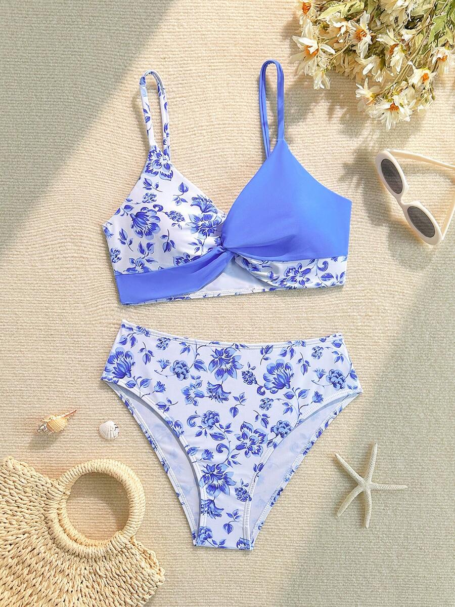 SHEIN 2件套少女碎花弹力速干舒适针织面料连体泳衣,适合海滩、泳池、冲浪、度假、夏季旅行 - 彩色 - 查看 1