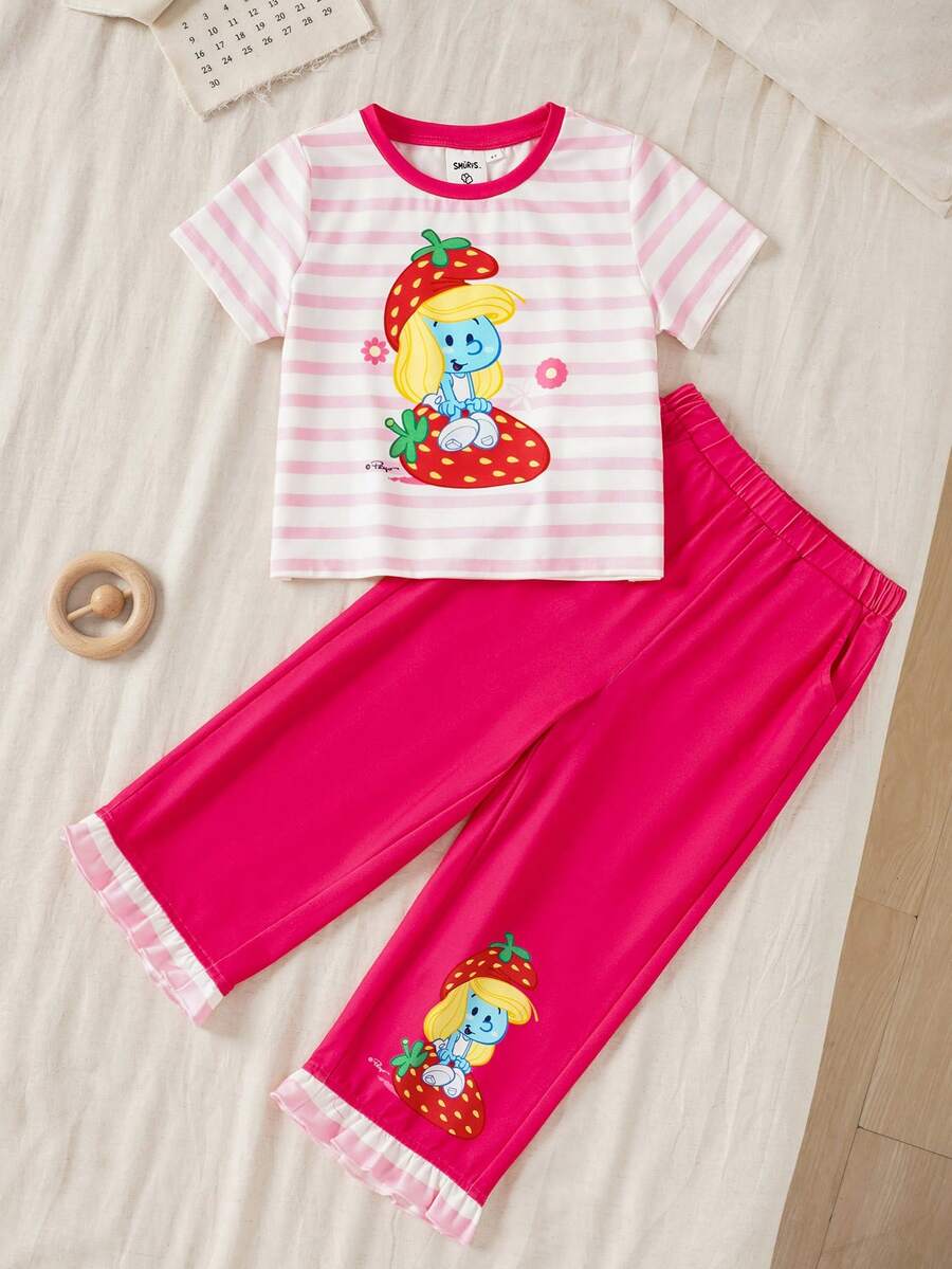 SHEIN X The Smurfs Bộ đồ mặc nhà thoải mái cho bé gái, gồm áo và quần ngắn tay cổ tròn in họa tiết hoạt hình kẻ sọc. - Hồng - Xem 1