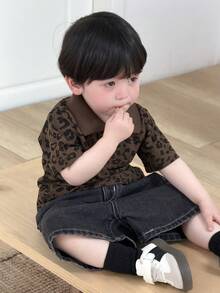Dazy Kids Áo thun ngắn tay cổ tròn in họa tiết da báo dáng casual cho bé trai, thích hợp mùa hè. - Cà phê nâu - Xem 3
