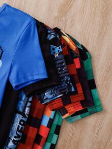 [2 Sets Random] 1 Set Tween Boy Snug Fit Pajamas Round Neck Short Sleeve & Long Pants Multicolor Checkered Cartoon Game Soccer Soft Knit Spring - Multicolor - View 6