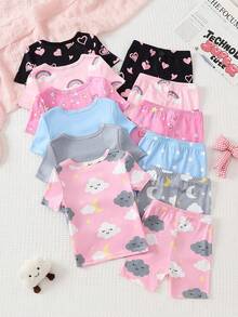 [2 Sets Random] Baby Girls Round Neck Short Sleeve & Shorts Summer Assorted Cartoon Print Soft Knit Snug Fit Pajamas 1 Set - Multicolor - View 2