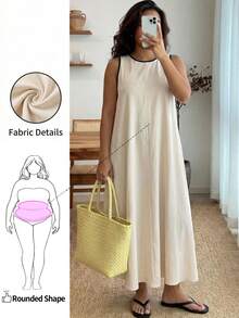 大码女式休闲宽松无袖圆领长连衣裙，夏季休闲连衣裙，适合苹果型和圆润身材 - 杏色 - 查看 1