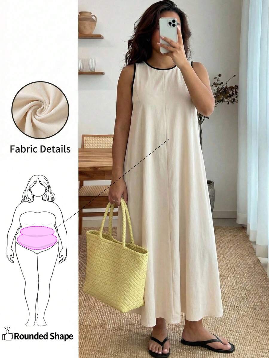 大码女式休闲宽松无袖圆领长连衣裙，夏季休闲连衣裙，适合苹果型和圆润身材 - 杏色 - 查看 1