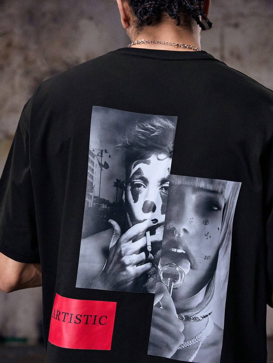 Zrgoth 男士休闲户外街头风百搭简约小丑图案印花短袖T恤,Fashionableemo - 黑色 - 查看 1