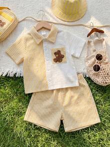 Playful Pals 2pcs Baby Boys Collared Striped Colorblock Shirt & Shorts Set,Blue White Stripe,Summer,Casual,Family Matching Cute Retro Fashion Streetwear Outfits - White - View 6