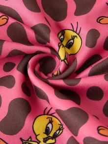 Slaydiva LOONEY TUNES X SHEIN Bộ đồ 2 món phong cách tối giản thường ngày gồm áo hai dây màu hồng in hình hoạt họa và quần ống rộng màu nâu đậm, thích hợp cho mùa xuân/hè. - Nhiều màu - Xem 4