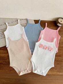 SHEIN LMoss Kids 5件套新生女宝宝可爱纯色针织连体衣套装，夏季 - 彩色 - 查看 3