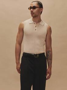 Fitted Waffle Polo Style Button Up Sleeveless Vest Collared Sweater Tank Top Spring Summer Essentials Holiday - Apricot - View 1