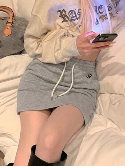 Tideelle 灰色休闲抽绳运动半身裙，夏季弹力腰A字修身迷你裙，性感显瘦百搭半身裙