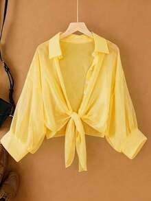 Rometta Plus Size Solid Color Front Button Tied Casual Long Sleeve Shirt Fall Cloth For Women - Yellow - View 1