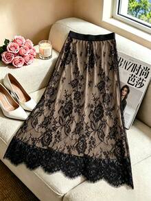 SHEIN Franclia Chân váy công sở thanh lịch cạp cao xẻ tà phối ren mới dành cho nữ - màu đen - Xem 2