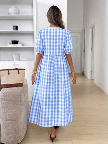 Easowa Đầm midi nữ kẻ caro thắt dây xếp ly phong cách thường ngày dự tiệc - Xanh và trắng - Xem 5