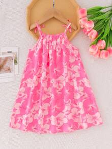 SHEIN Elladie kids 少女度假风彩色热带花卉渐变印花吊带连衣裙，配蝴蝶结，充满活力的夏日气息，童趣十足，适合春夏度假外出。 - 彩色 - 查看 2
