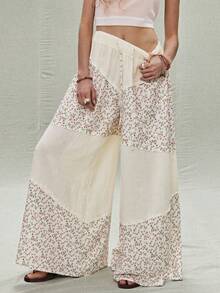SoleilVie Tall Spring Summer New Floral Patchwork Wide-Leg Pants Regular Waist Elastic Waist Resort Maxi Pants - Apricot - View 6