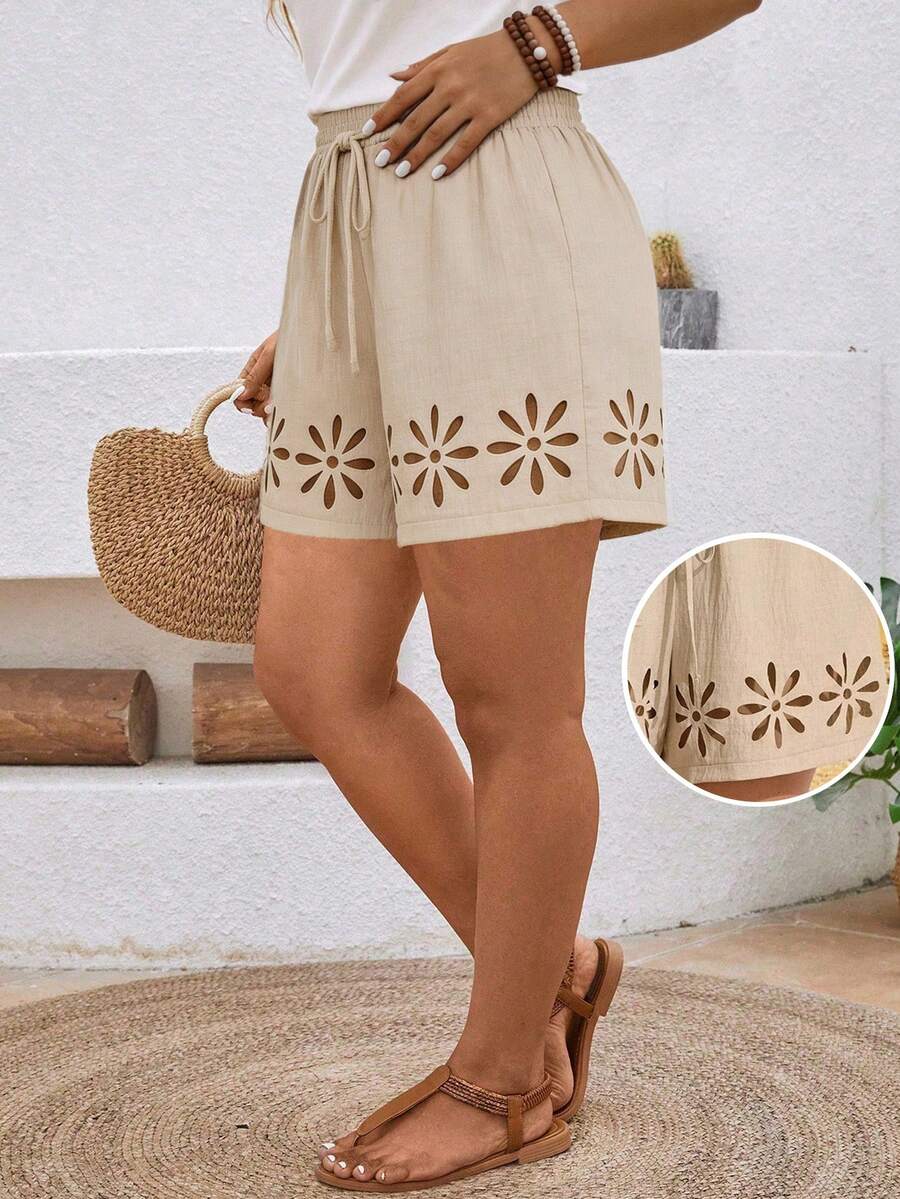 Breezaya Plus Size Comfortable Tie-Up Laser Cut Hollow Out Boho Style Shorts - Apricot - View 1