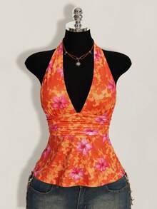 SHEIN ICON Y2K風格夏季女款性感度假海灘穿搭碎花細肩帶綁帶休閒百搭日常穿著上衣 - 橘色 - 查看 8
